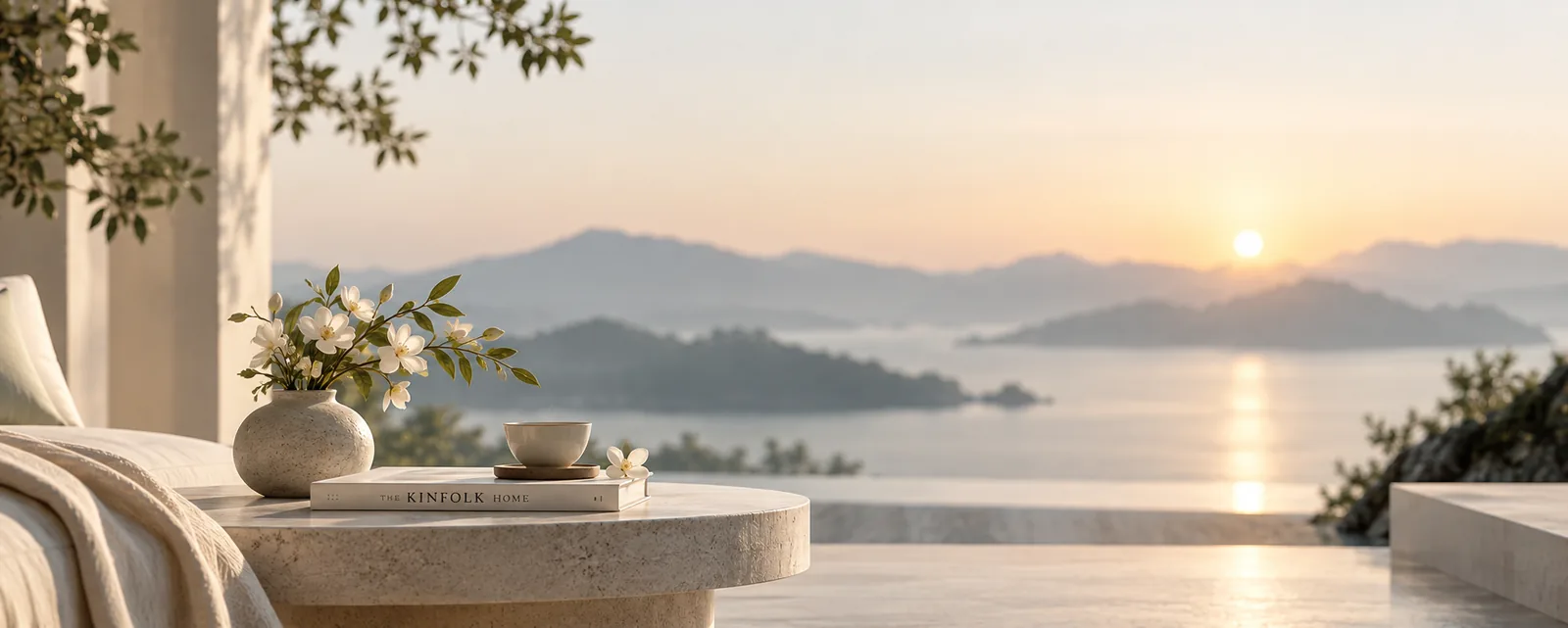 宁静克制的户外意境场景:晨昏湖景、花枝、茶杯与留白空间